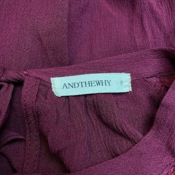Andthewhy‎ Top Blouse Womens Small Maroon Red Lace Trim Balloon Sleeve Rayon - Picture 7 of 7